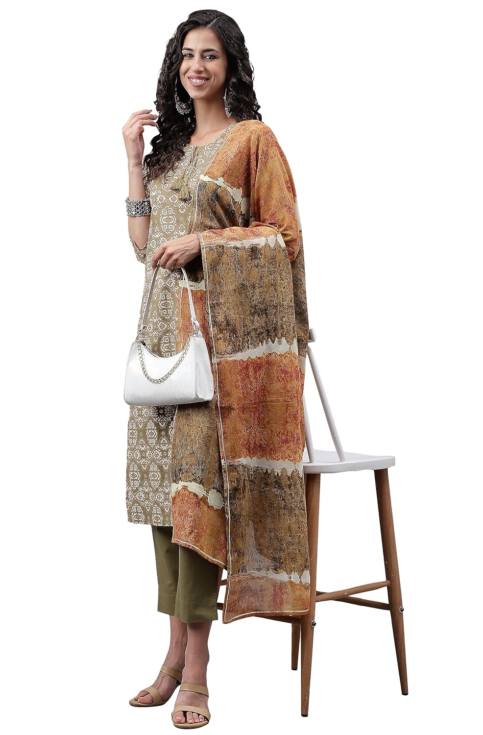 Janasya Women's Olive Green Cotton Ethnic Motifs Kurta with Pant and Dupatta