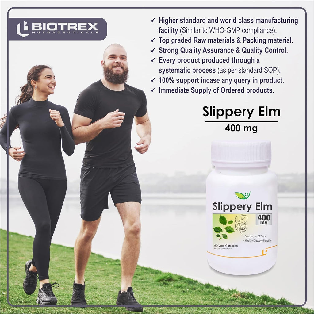 Biotrex Nutraceuticals Slippery Elm 400mg 60 Veg Capsules, Dietary supplement to strengthen Immune System, nutritional supplement, multivitamins, vitamin for men, women and adults, health supplements