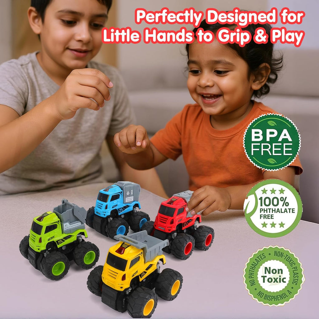 Kidology Mini Trucks Toys Set of 4 Push to Go Trucks Gift Set for Toddlers Multicolor
