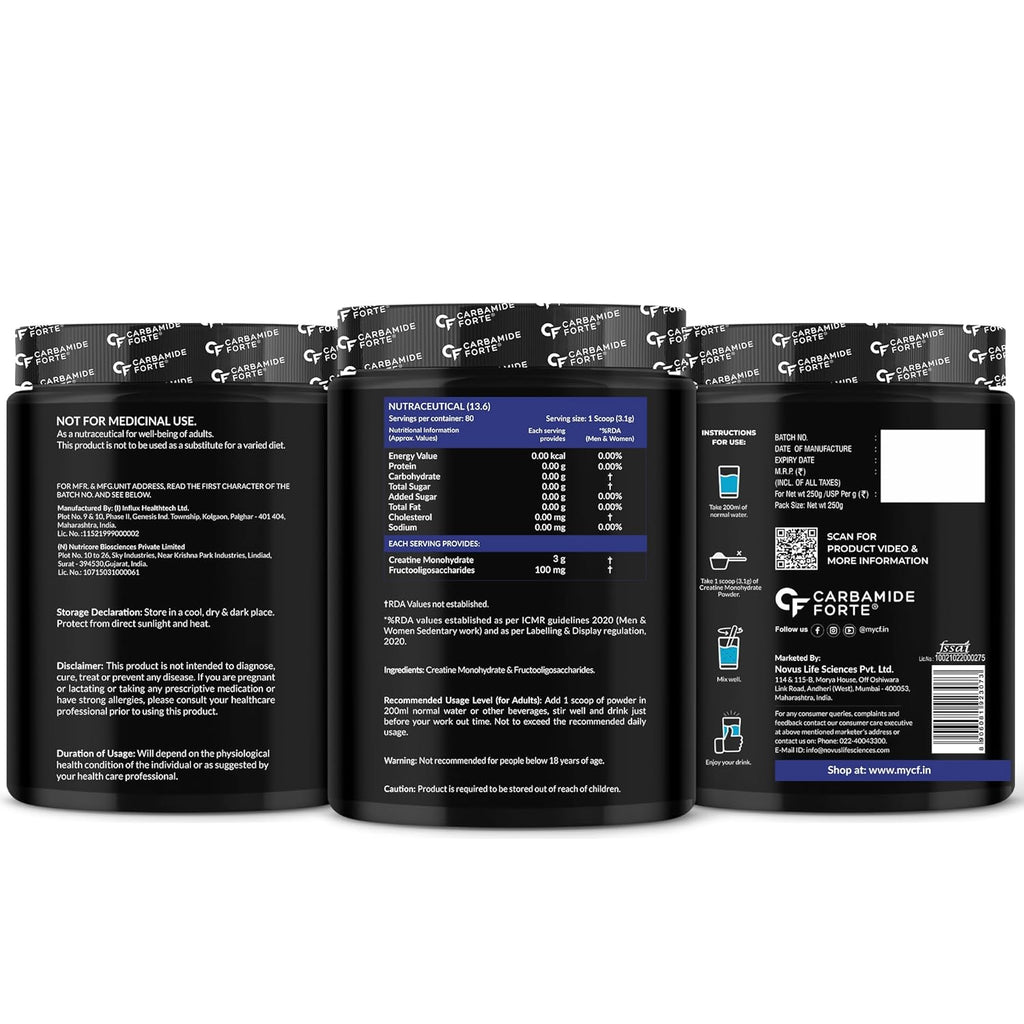 Carbamide Forte Creatine Powder|Micronized Creatine Mono Hydrate|Creatine Monohydrate 250 G For Lean Muscle Volumization|Gym Supplements For Men For Strength & Energy-Unflavoured Powder-80 Servings