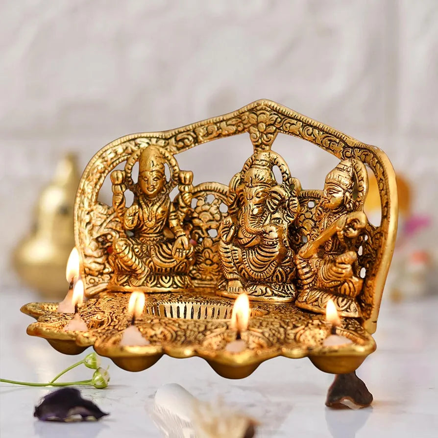 Chhariya Crafts Laxmi Ganesh Saraswati Idol with 5 Face Diya