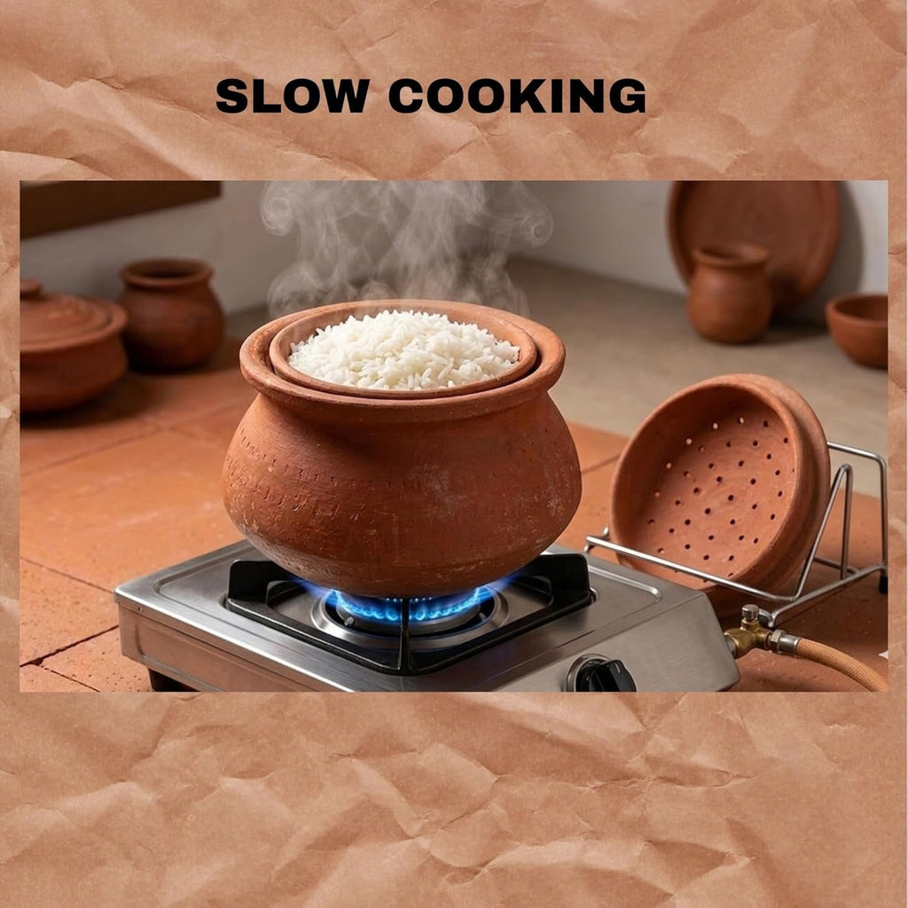 Traditional Terracotta Clay Cooking Pot with Strainer Lid