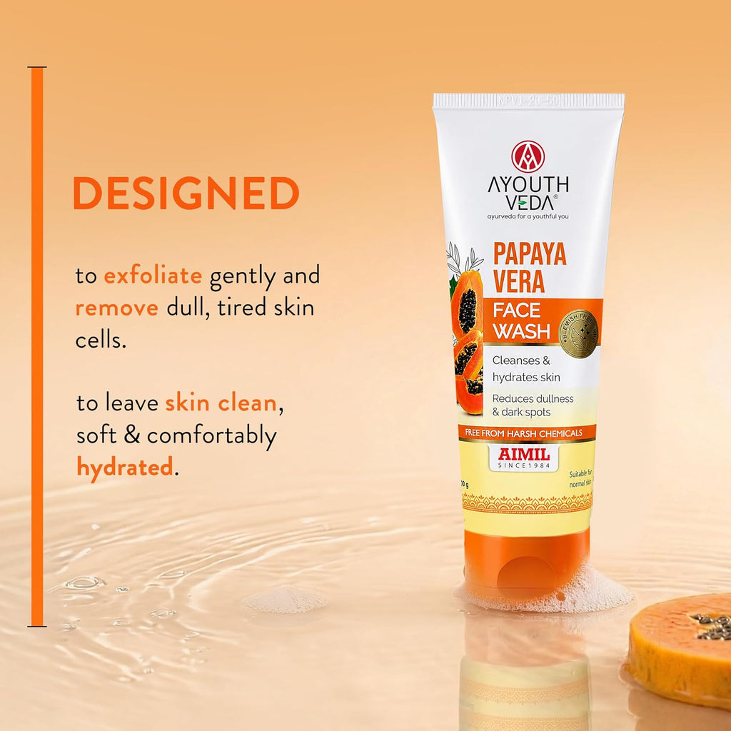 Ayouthveda Papaya Vera Face Wash with Real Papaya Extract for Dry to Normal Skin | Deep Cleansing, Removes Dullness, Dark Spots & Impurities | Hydrating, Sulfate-Free Gentle Formula | 100 g (Pack of 1)