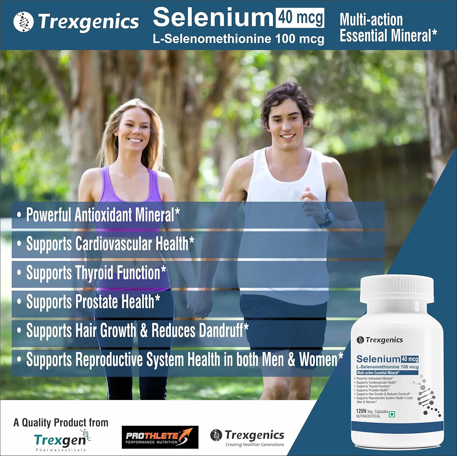 Trexgenics SELENIUM 40 mcg from L-Selenomethionine Pharmaceutical USP grade Chelated Multi-Action Antioxidant for Thyroid, Cardiovascular, Prostate, Hair Growth Support (120 Veg. Capsules)