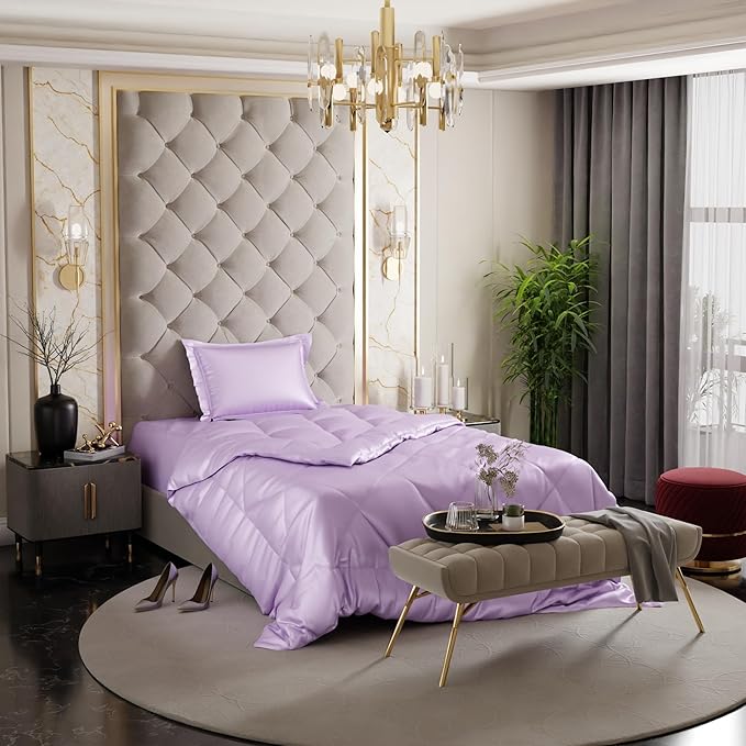 Stoa Paris Satin Comforter Single Bed with 300 TC One Pillow Cover Colour Lilac Affair
