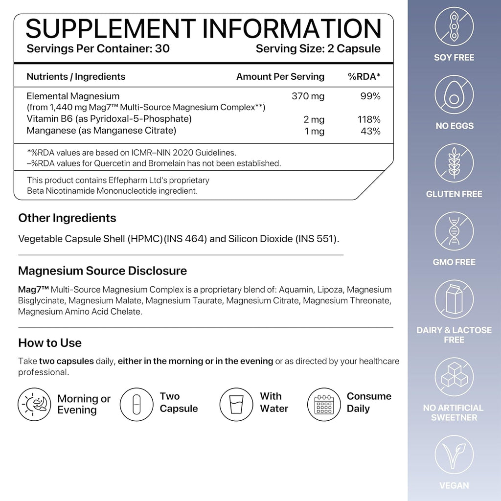 Decode Age Mag7| Magnesium Supplement Complex with BisGlycinate, Citrate, Malate, Oxide, and others| 99% Pure| Strong Bones, Muscle Recovery, Better Mood and Sleep| 60 Capsule