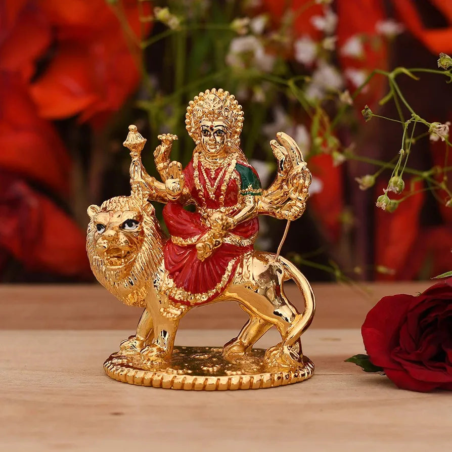 Collectible India Gold Plated Goddess Maa Durga Sherawali MATA Idol Statue for Car Dashboard
