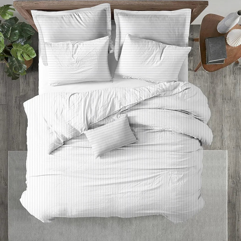 Trance Home Linen Zippered 100% Cotton 200 TC Satin Stripe Queen Duvet Cover Quilt Cover with 2 Pillow Covers Colour White