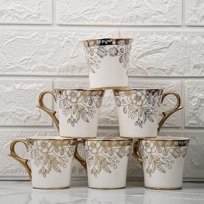 Femora Premium Gold Floral Buds Leaves Ceramic Coffee & Tea Cup Set of 6 | 160 Ml