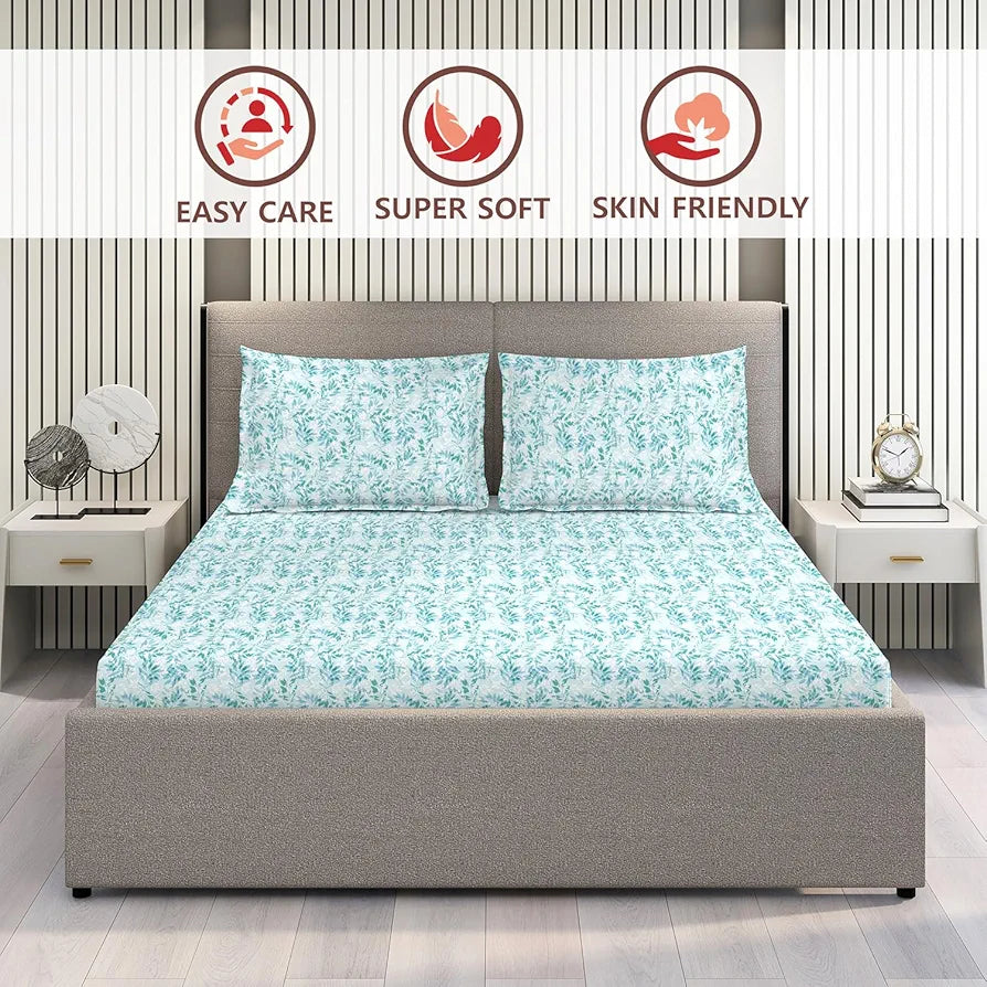 Layers Lumina Floret Cotton Bedsheet Set for All Seasons Lightweight 144 TC Queen Size Aqua