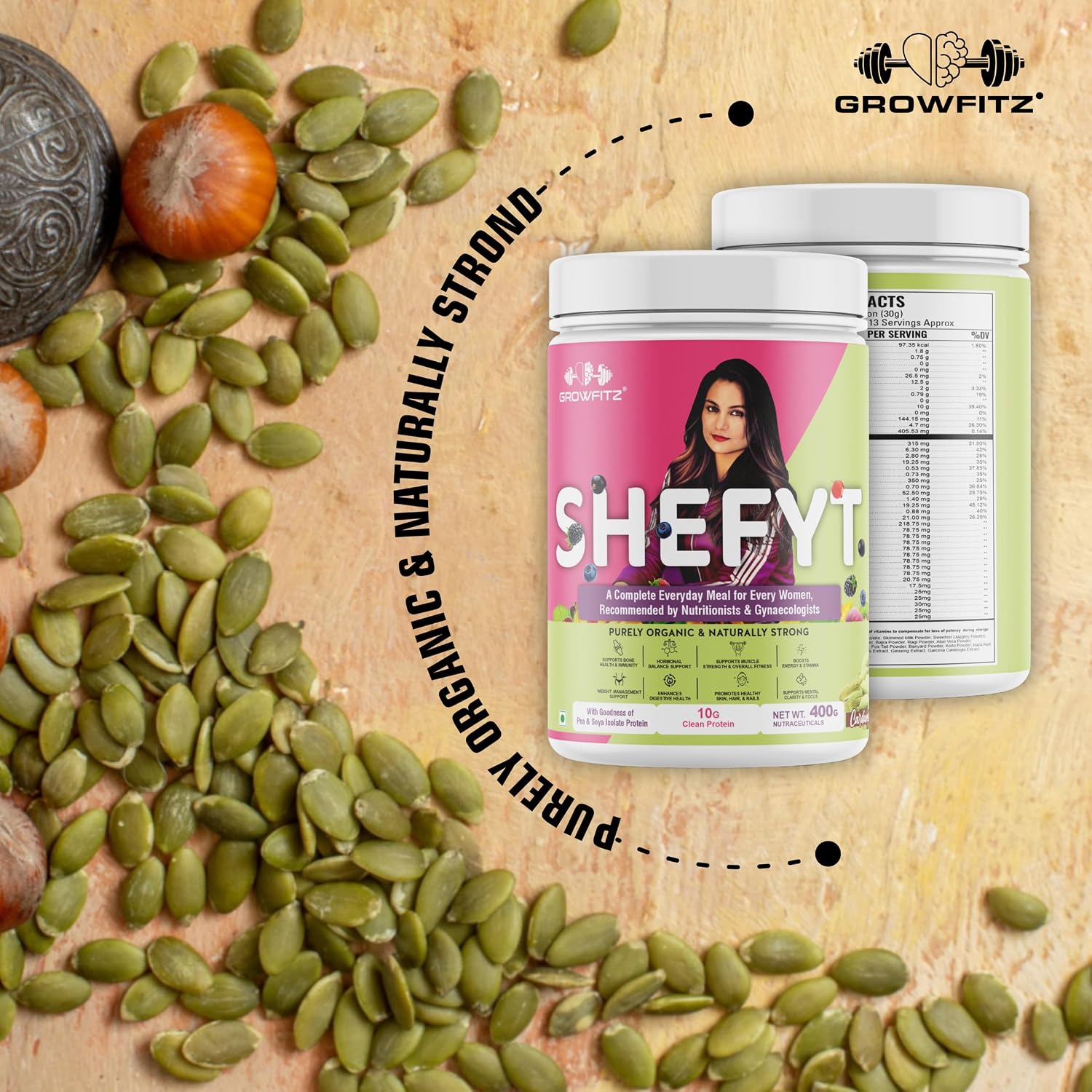 Growfitz Shefyt 100% Natural Plant Protein Rich 400g | 12g Protein | Meal Replacement Shake For Weight Control & Management | 50+ Powerful Herbs | Energy, Wellness, Immunity, Law Fat (Cardamom)