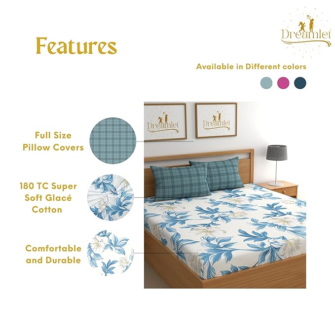 Dreamlet Premium Cotton Flat Double Bedsheets With 2 King Size Pillow Covers Double Bed Breathable | Blue & White