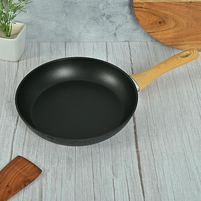 Femora Foged Die Cast Aluminium Non Stick 26 Cm Frypan With Wood Finish Handle | Granite Finish | Induction & Gas Ready