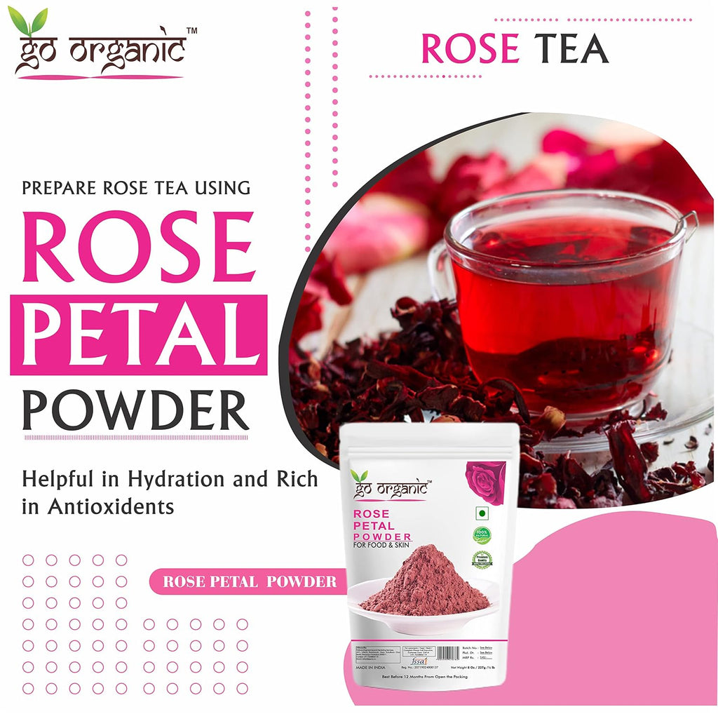 Go Organic Export Quality Rose Petal Powder for Skin and Food 227g - Natural Skin Toner with Vitamin C and for Antioxidant Protection