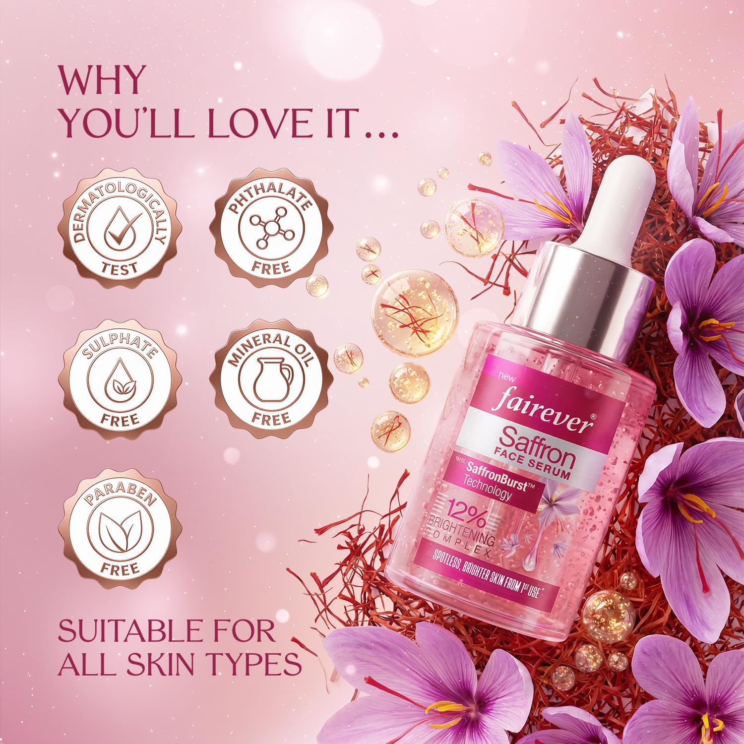 Fairever Saffron Face Serum | 12% Brightening Complex | Niacinamide, Alpha Arbutin & SaffronBurst | Reduces Dark Spots & Pigmentation | For All Skin Types | 30ml