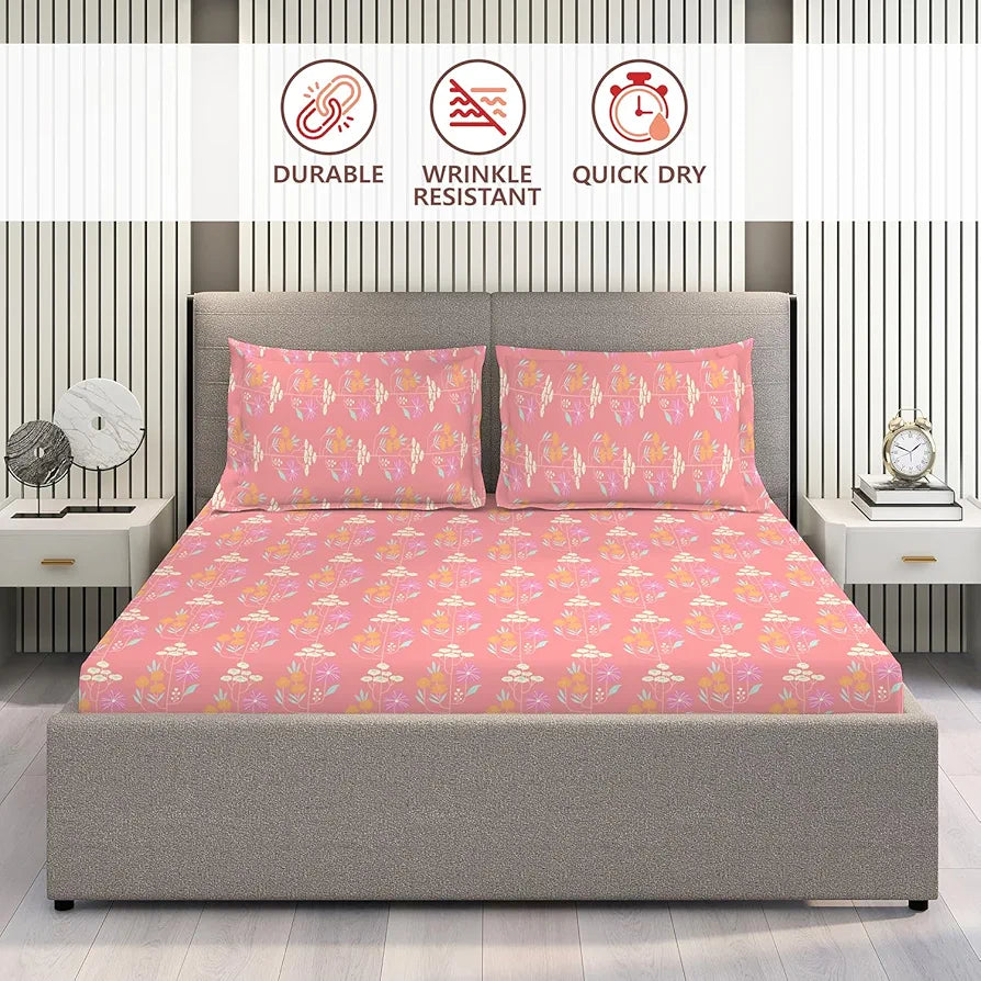 Layers Tivoli Cotton Bedsheet Set for All Seasons Lightweight 104 TC Queen Size Beige/Blue Color