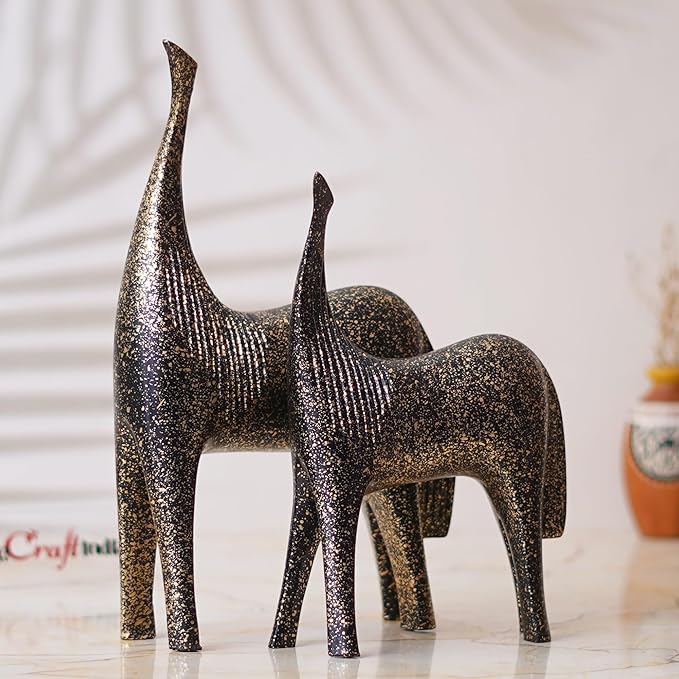 Ecraftindia Set of 2 Black & Golden Horse Statues Decorative Animal Figurines Showpiece for Home Decor