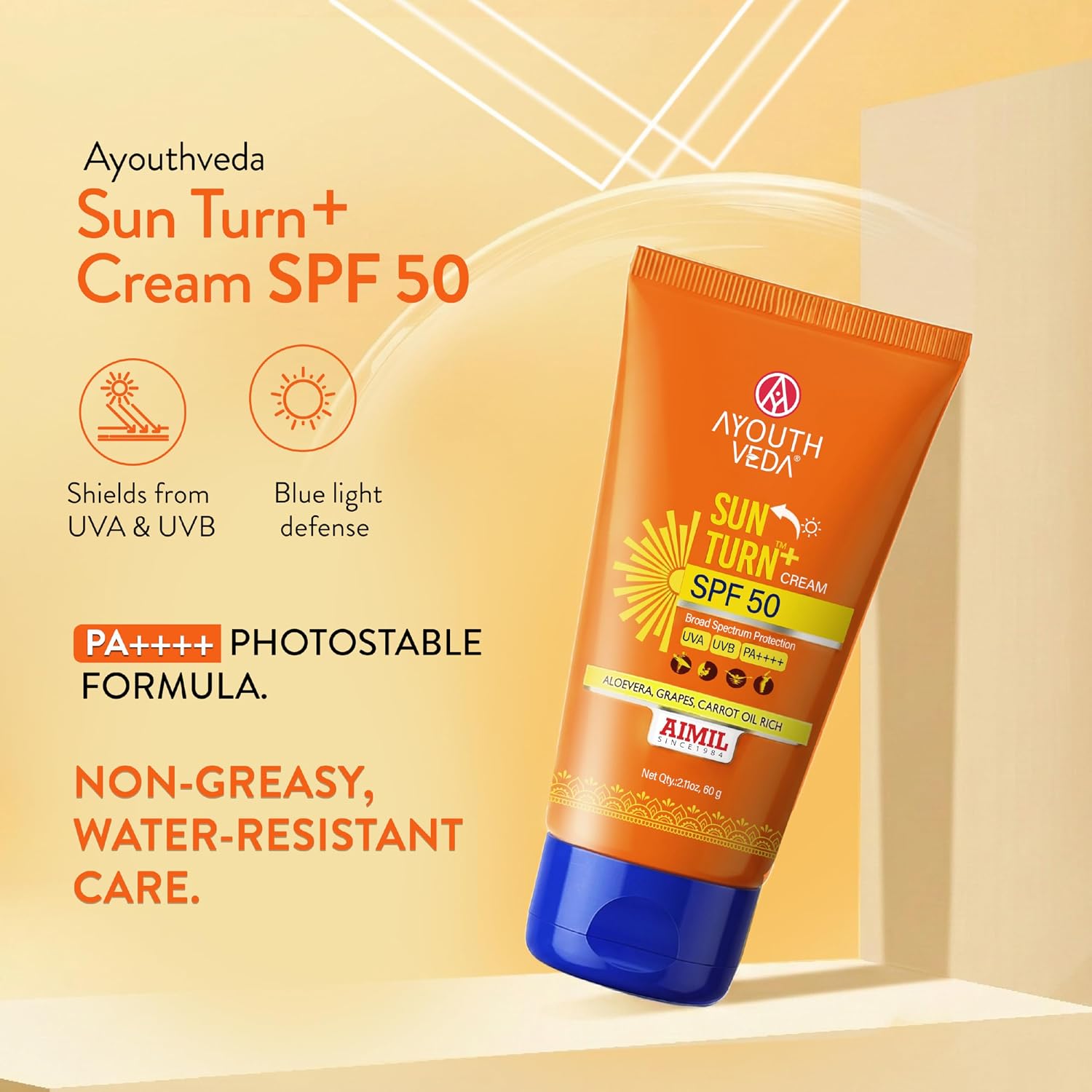 Ayouthveda Sun Turn+ SPF 50 PA++++ Sunscreen | Broad Spectrum UV & Blue Light Protection for Face & Body with Hyaluronic Acid | Hydrating Anti-Aging Formula | Non-Greasy & Water-Resistant | 60g (Pack of 1)