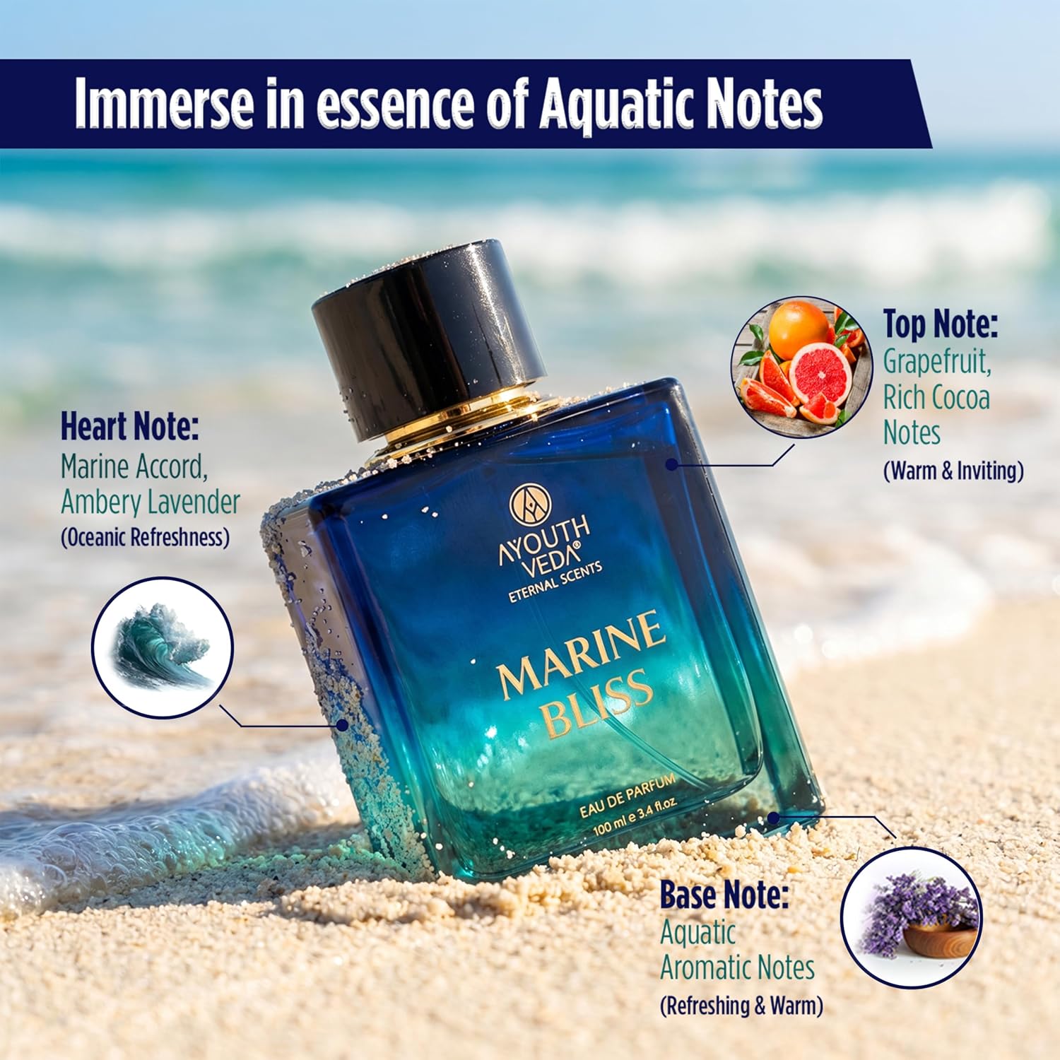 Ayouthveda Marine Bliss Eau De Parfum | Long-Lasting Fresh Aquatic Luxury Perfume for Men | Grapefruit, Marine Accord, Aquatic Notes & Ambery Lavender | Refreshing Daily Wear Fragrance | 100ml