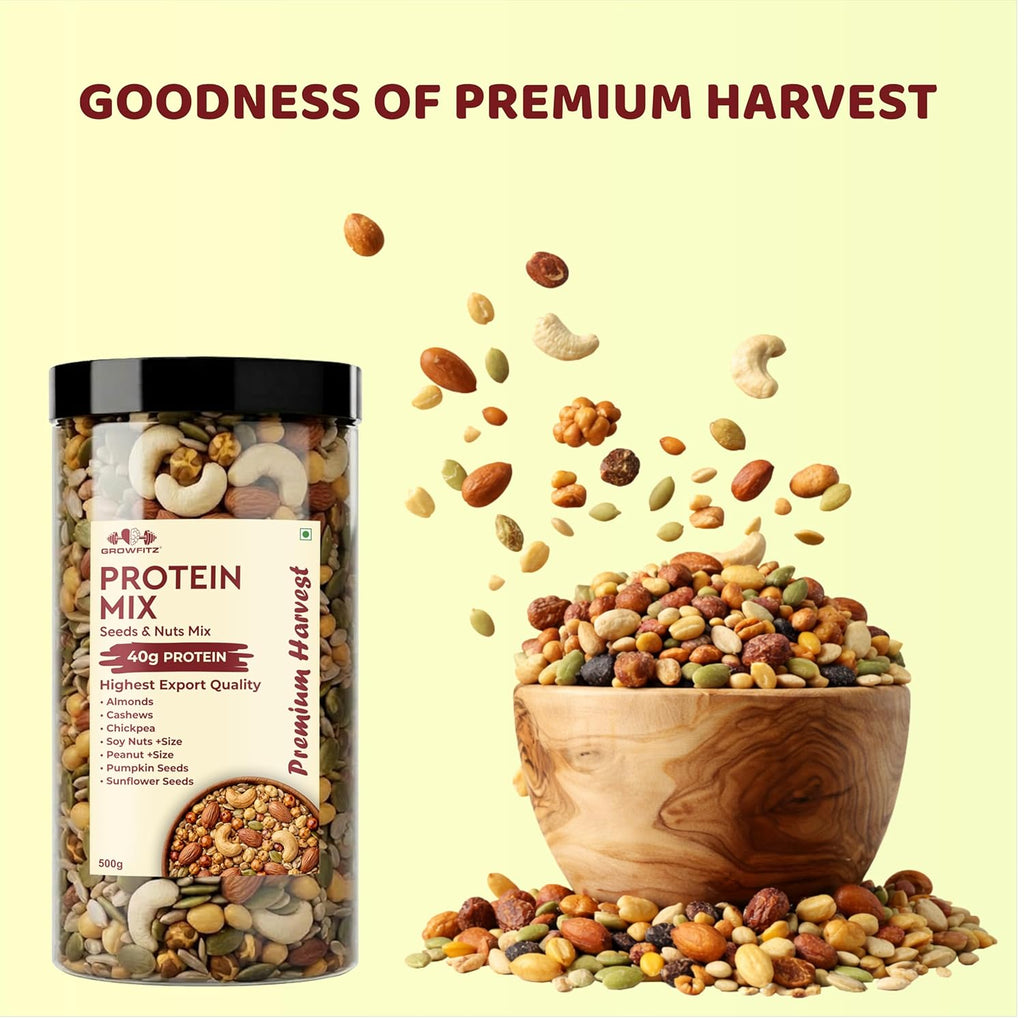 Growfitz Protein Crunch Seeds & Nuts Mix, 500g | 40g High Protein | Air Roasted Almonds, Cashews, Chickpeas, Soy Nuts, Peanuts, Pumpkin & Sunflower Seeds | 0% Sugar | Export Quality Healthy Snack