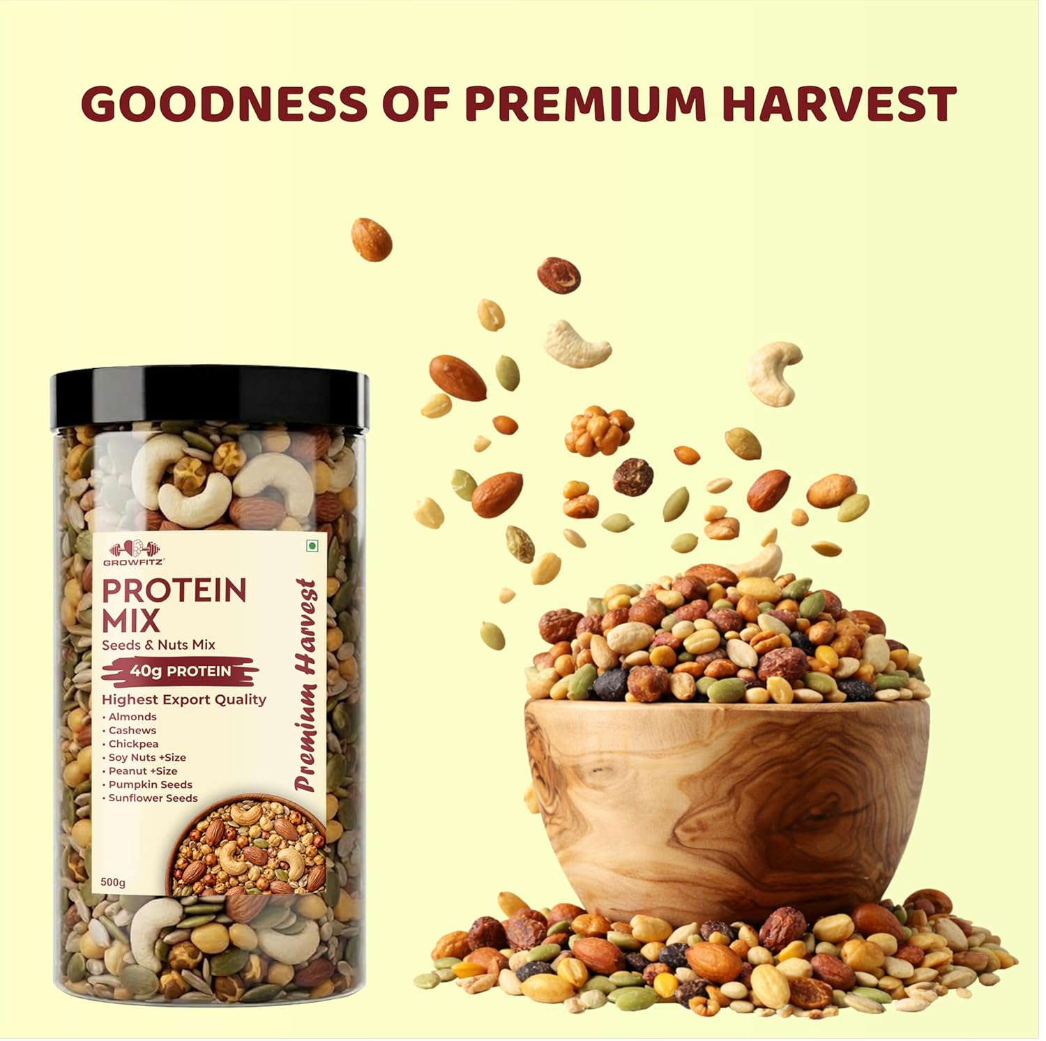 Growfitz Protein Crunch Seeds & Nuts Mix, 500g | 40g High Protein | Air Roasted Almonds, Cashews, Chickpeas, Soy Nuts, Peanuts, Pumpkin & Sunflower Seeds | 0% Sugar | Export Quality Healthy Snack