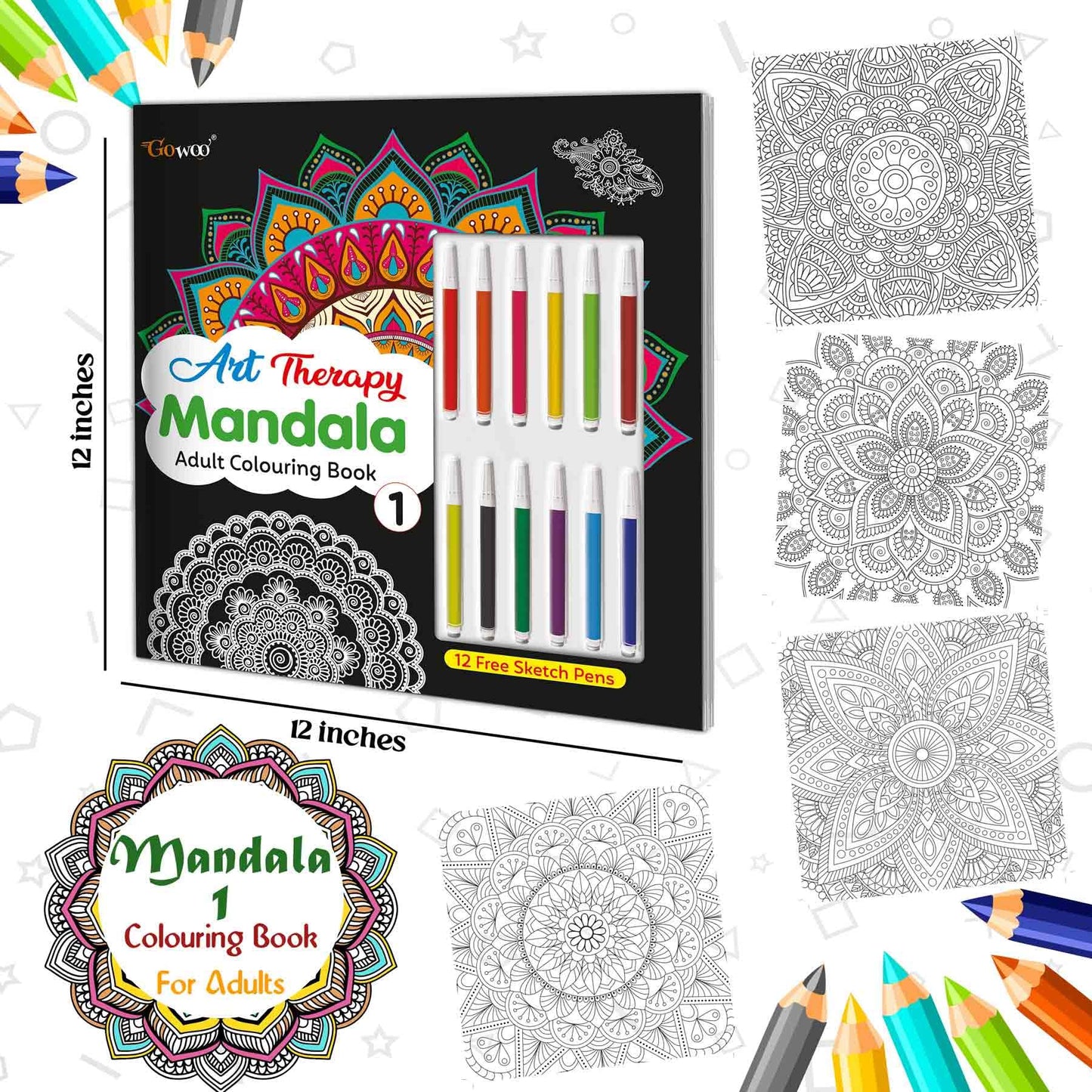 Art Therapy Mandala Adult Colouring Book 1: Mandala Colouring Book, Adult Coloring Book Kit With 12 Sketch Pens, Fun For Adults, Relaxing Coloring Workbook