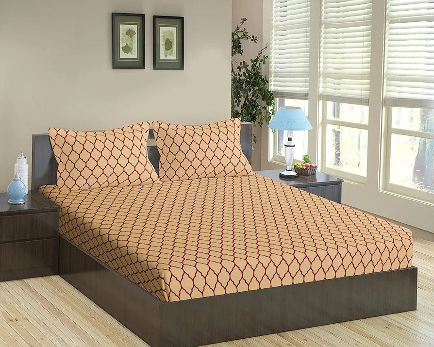 Trance Home Linen 200TC 100% Cotton 78"x60" Standard Queen Size Elastic Fitted Bedsheet Printed Queen Bed Size with 2 Pillow Covers Colour Dori Clay Red