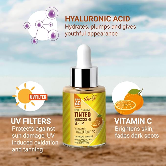 Iba Bright Glow Tinted Sunscreen Serum for All Skin Types Spf 60 Pa++++ With Hyaluronic Acid & Vitamin C - 30 Ml