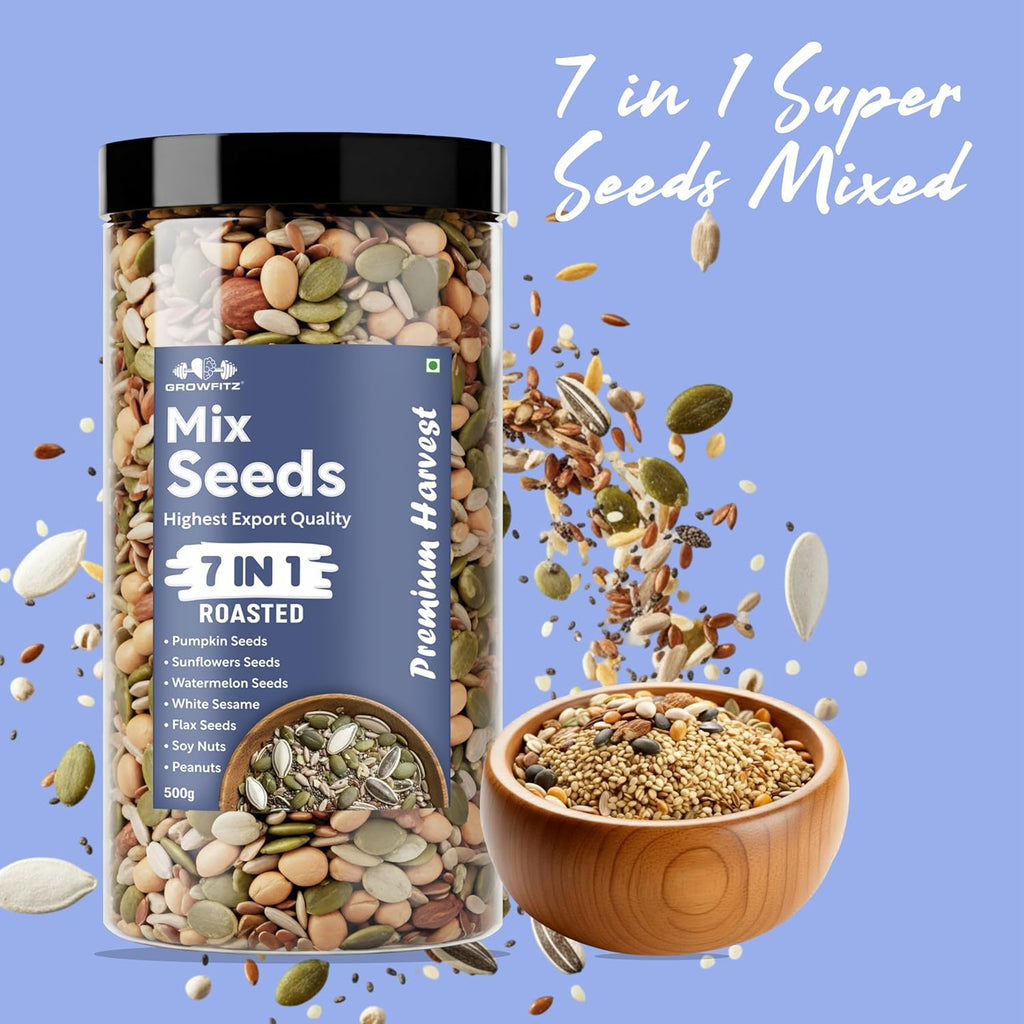 Growfitz Premium Harvest 7-in-1 Seed Mix, 500 Gram | High Protein 24.4g & Fiber | Roasted Pumpkin, Sunflower, Watermelon, Flax, Soy Nuts, Peanuts & White Sesame | Export Quality Superfood