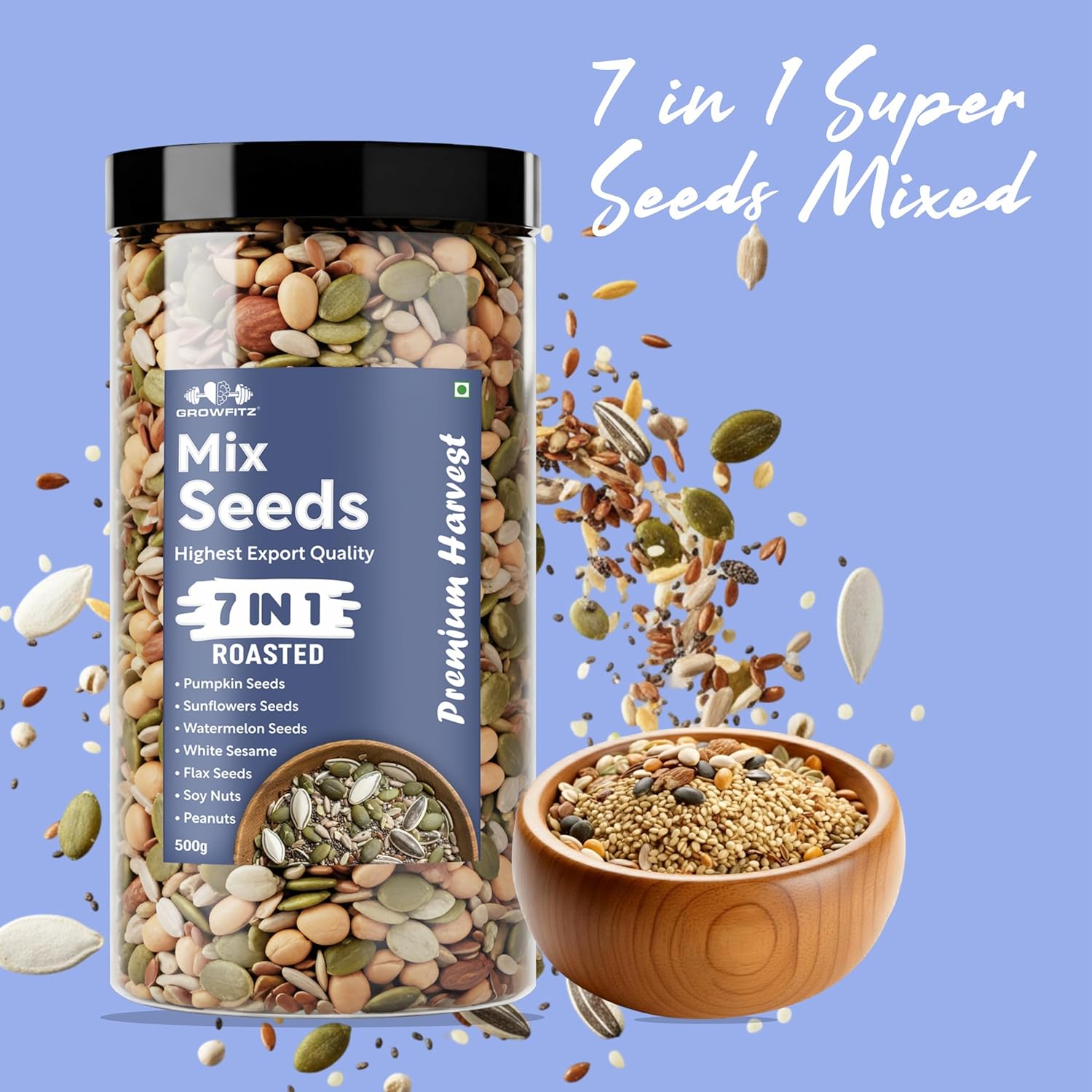 Growfitz Premium Harvest 7-in-1 Seed Mix, 500 Gram | High Protein 24.4g & Fiber | Roasted Pumpkin, Sunflower, Watermelon, Flax, Soy Nuts, Peanuts & White Sesame | Export Quality Superfood