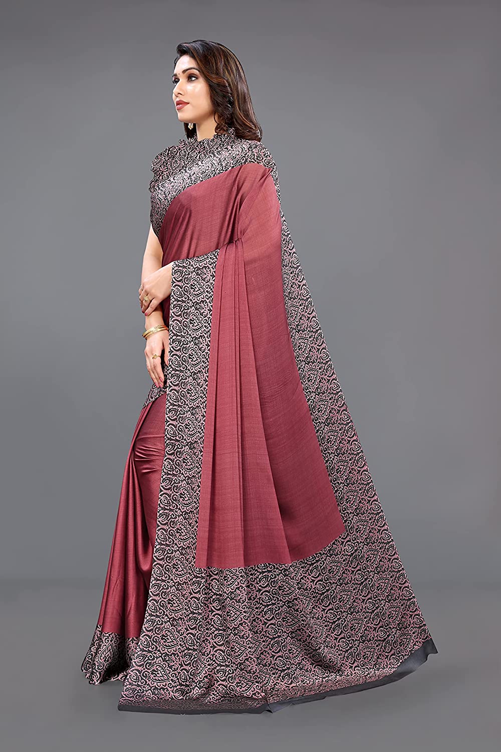 Mirchi Fashion Women's Pink & Black Printed Chiffon Saree