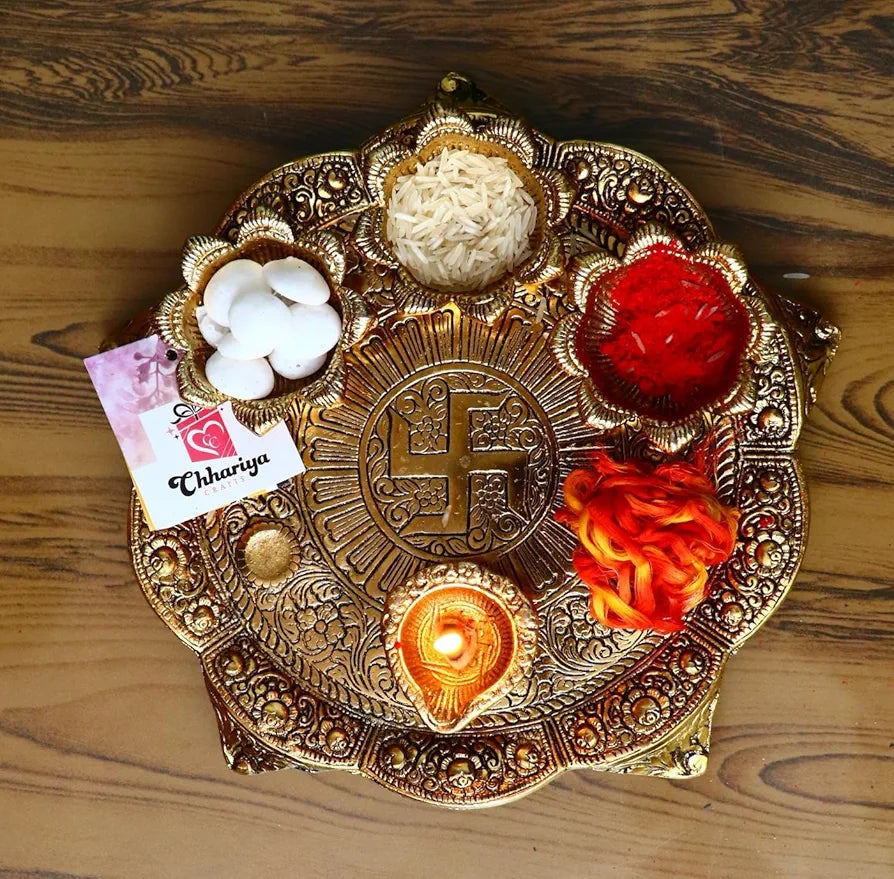 Chhariya Crafts Metal Pooja Thali with Diya for Home and Office Temple Puja Item