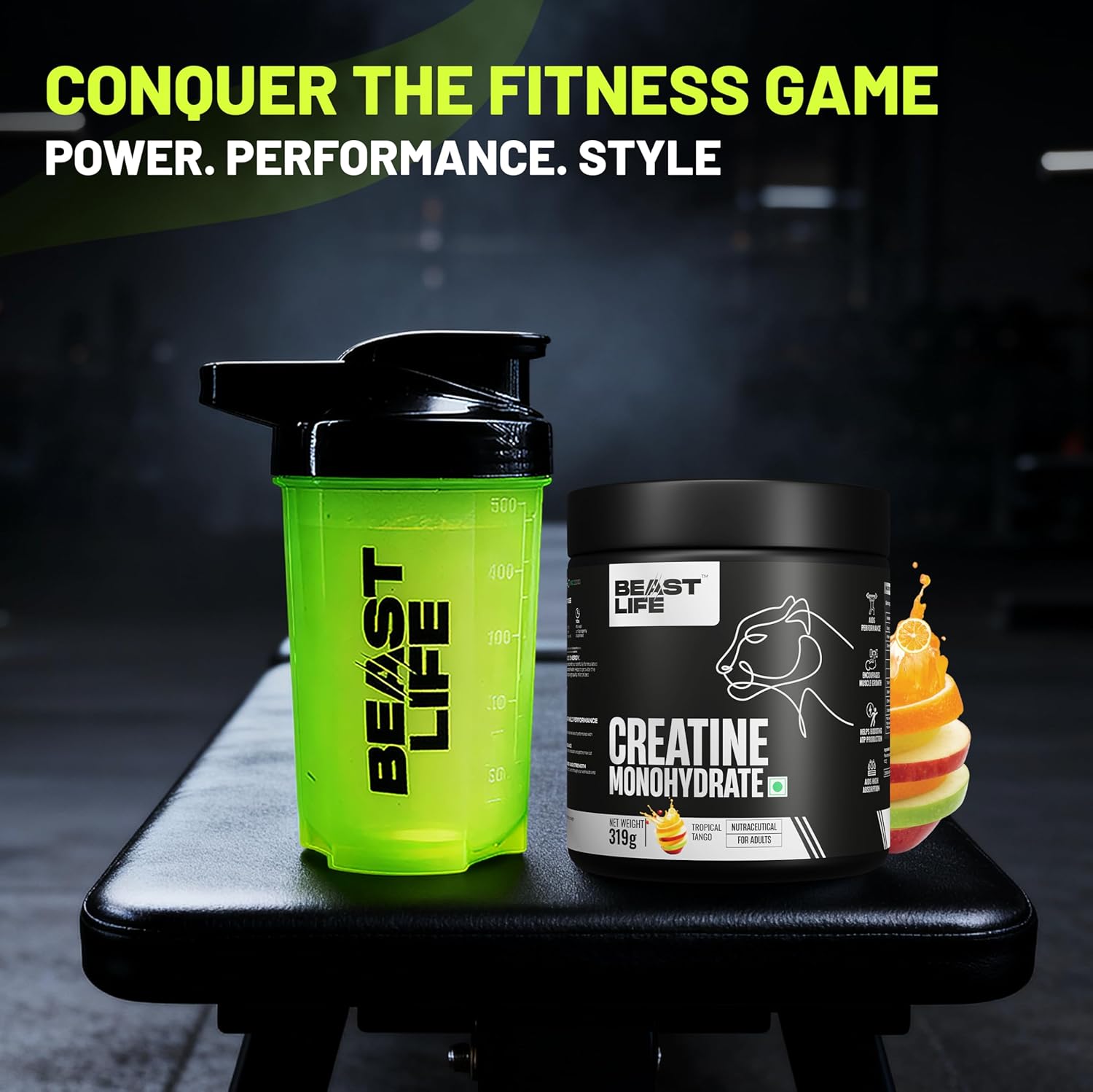 BeastLife Micronised Creatine Monohydrate with Free Shaker | 319 g | 86 Servings | Tropical Tango | NABL Lab Tested | Rapid Absorption for Muscle Strength & Athletic Performance | Super Micronised Creatine Powder