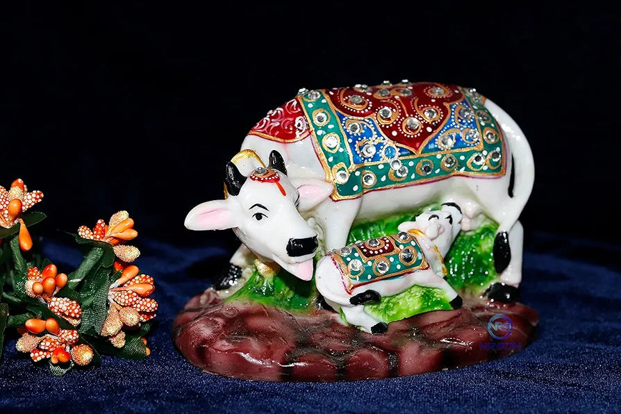 Nrson Handicraft Decorative Marble Dust Cow With Calf/polyresin Cow and Calf Big Statue 5 X 3 X 3 Inch