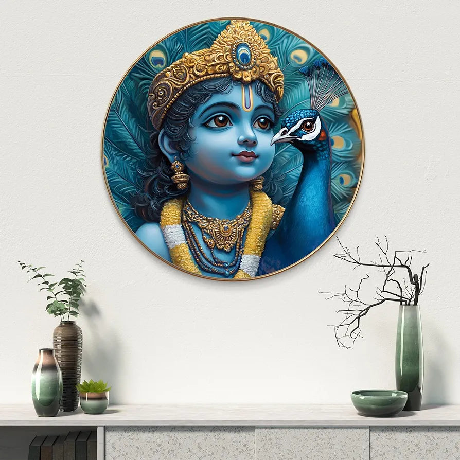 Livin'luxe Paintings Krishna with Peacock Divine Wall Painting with Frame - Sparkle Glossy Round Golden Framed Large