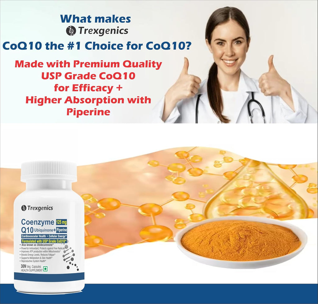 Trexgenics COENZYME Q10 125 mg USP grade Ubiquinone (Ubidecarenone) with Piperine 5 mg Antioxidant, Cellular Energy, Heart Health (30 Veg Capsules))