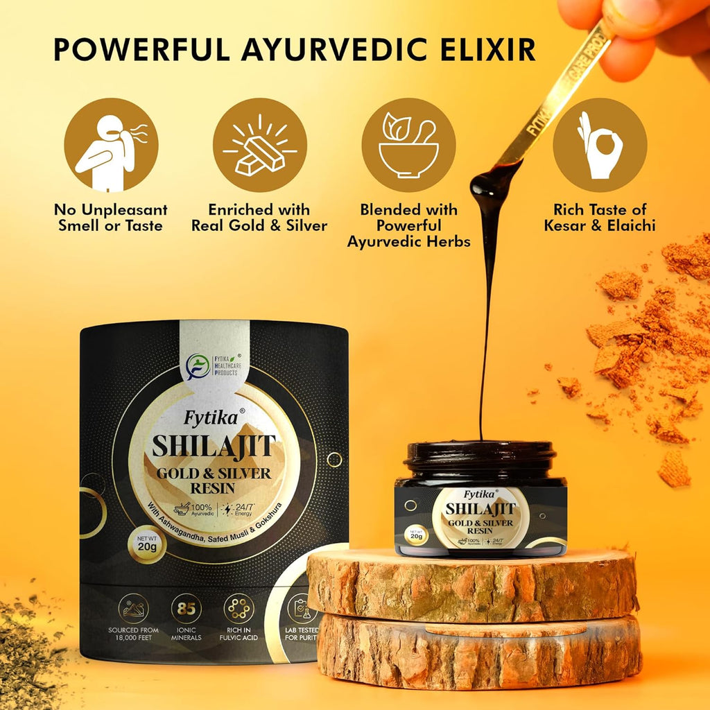 FYTIKA Shilajit/Shilajeet Gold And Silver Resin-20 G|100% Ayurvedic Himalayan Shilajit|Swarn Bhasam,Rajat Bhasam,Ashwagandha,Safed Musli,Gokshura|For Strength,Stamina And Energy,1 Count,20 Grams