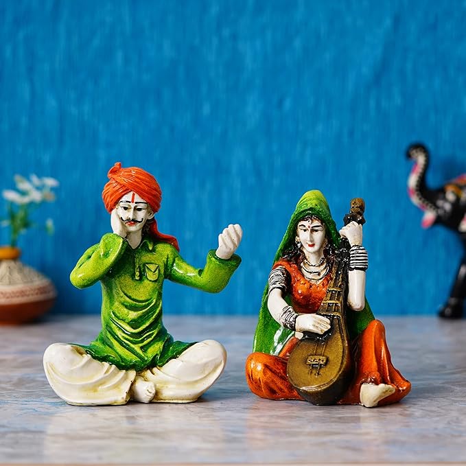 Ecraftindia Colorful Combo of Rajasthani Craftsmen Singing and Lady Playing Musical Instrument Sitar Statue