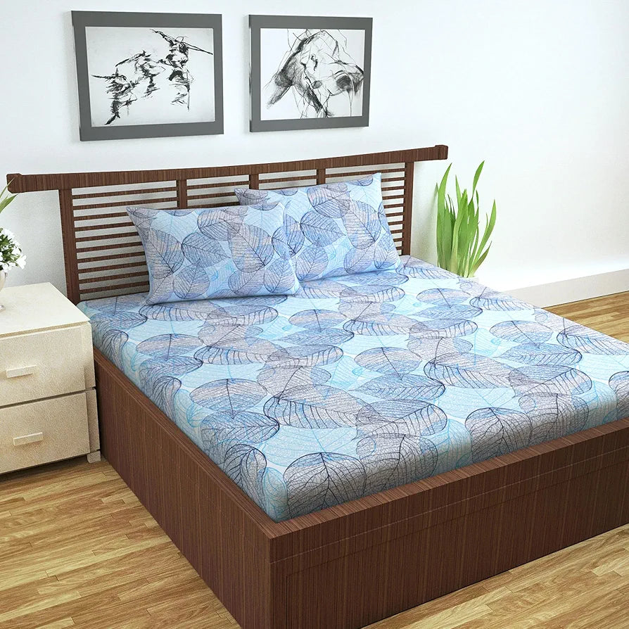 Divine Casa 144 TC Cotton Double Bedsheet with 2 Pillow Covers Colour Light Blue Floral Print Soft & Breathable