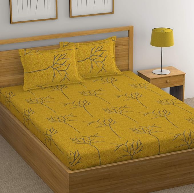 Huesland by Ahmedabad Cotton 144 TC Cotton King Size Bedsheet with 2 Pillow Covers | Yellow