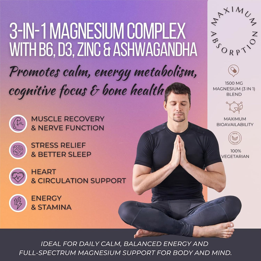 ANUPURAK Triple Magnesium Complex Tablets | Glycinate, Malate & Citrate | 296mg Elemental Magnesium | Ashwagandha, L-Theanine, Zinc & D3 | Stress Support, Calm Focus & Muscle Function | 120 Tablets (60 Days)