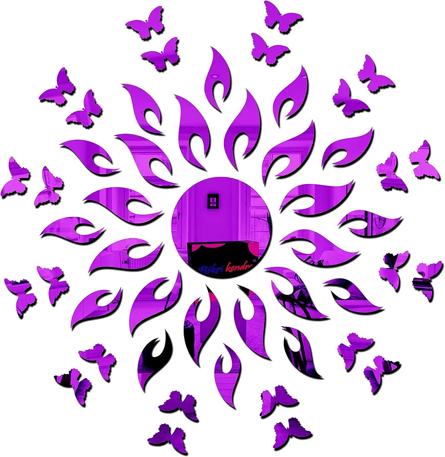 Bikri Kendra Art BK154 Sun Purple with 20 Purple Butterfly 3D Acrylic Mirror Stickers for Wall