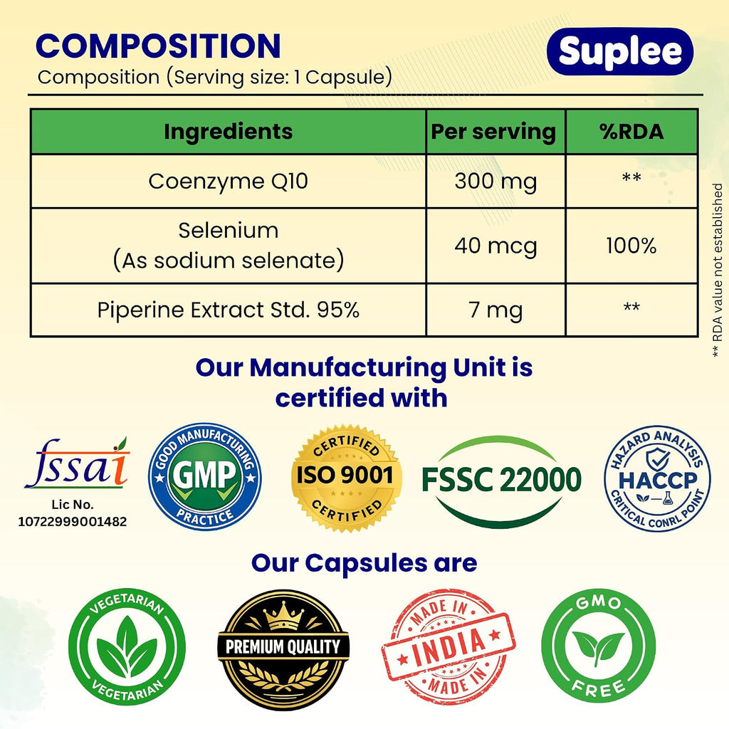 Suplee CoQ10 300mg with Selenium 40mcg & Piperine 7mg | Coenzyme Q10 High Absorption Supplement for Heart Health, Energy & Antioxidant Support | 60 Veg Capsules