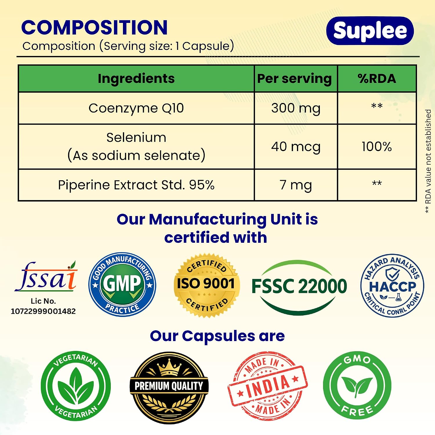 Suplee CoQ10 300mg with Selenium 40mcg & Piperine 7mg | Coenzyme Q10 High Absorption Supplement for Heart Health, Energy & Antioxidant Support | 60 Veg Capsules