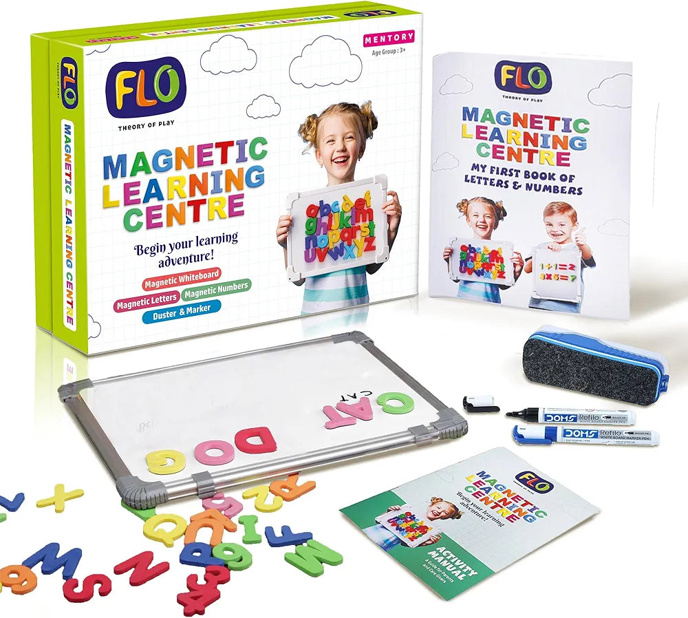 FLO Toys Magnetic Learning Centre for Kids Double-Sided Magnetic Board with A-Z Letters, 0-9 Numbers Marker & Duster Educational Preschool Toy for Boys & Girls