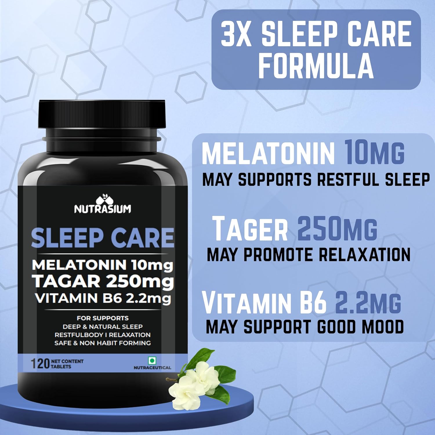 Nutrasium Melatonin 10 mg Sleeping Pill with Tagar 250 mg | Sleep Supplement for Men & Women | Melatonin Tablet for Restful & Deep Natural Sleeps | Sleep Care Tablets 120 (120 Tablets, Sleep Care)