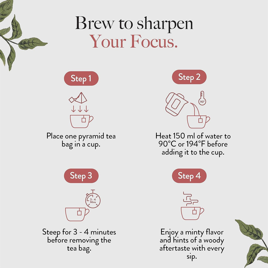 Wellbeing Nutrition Focus Tea | Memory Booster Green Tea for Focus, Concentration & Cognitive Function with Brahmi, Shankhpushpi, Ginkgo Biloba, Gotu Kola (20 Pyramid Tea Bags)