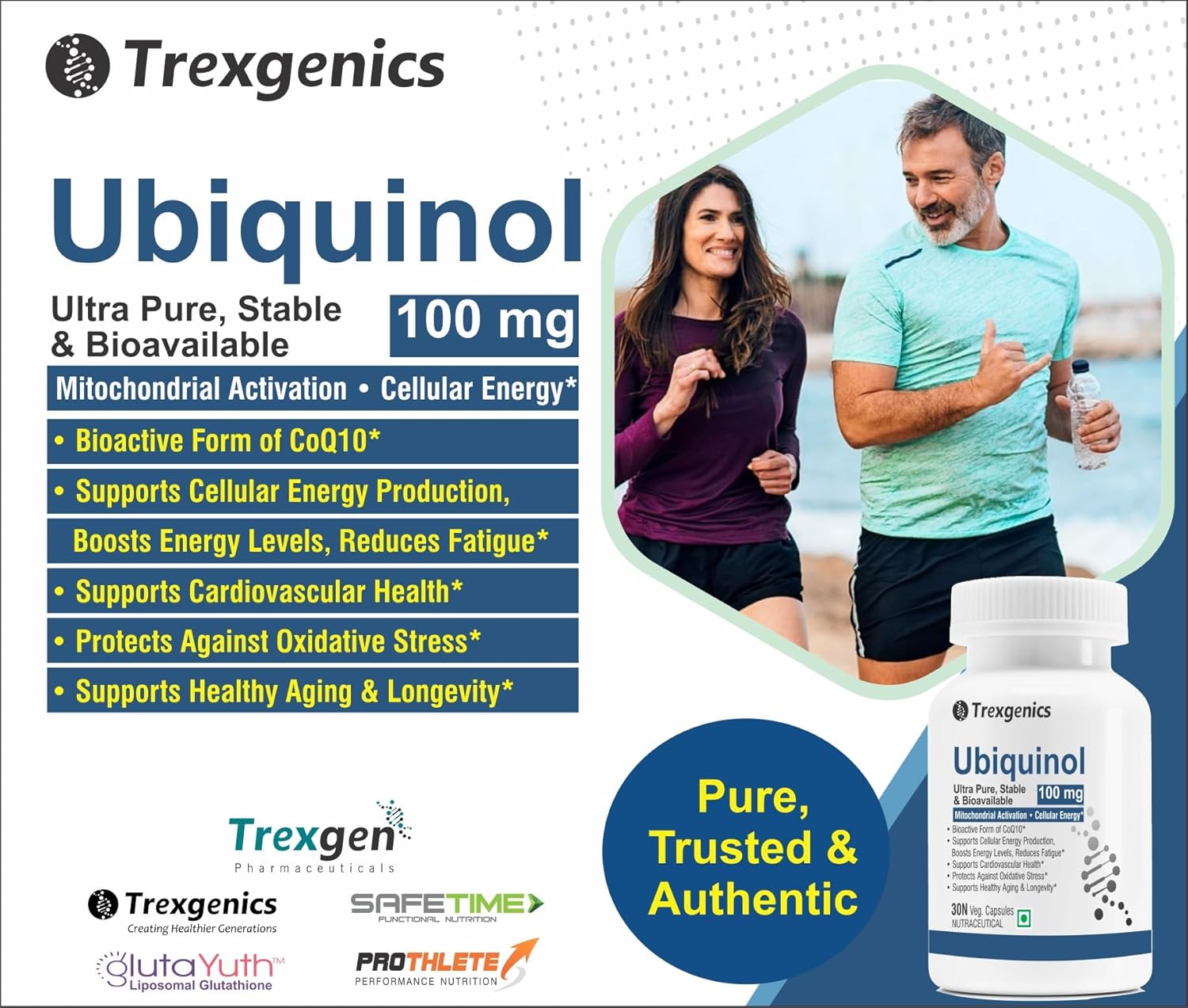 Trexgenics UBIQUINOL 100 mg, Ultra Pure, Stable, Bioavailable, Mitochondrial Function, Cellular Energy, Longevity, Antioxidant (30 Veg Capsules)