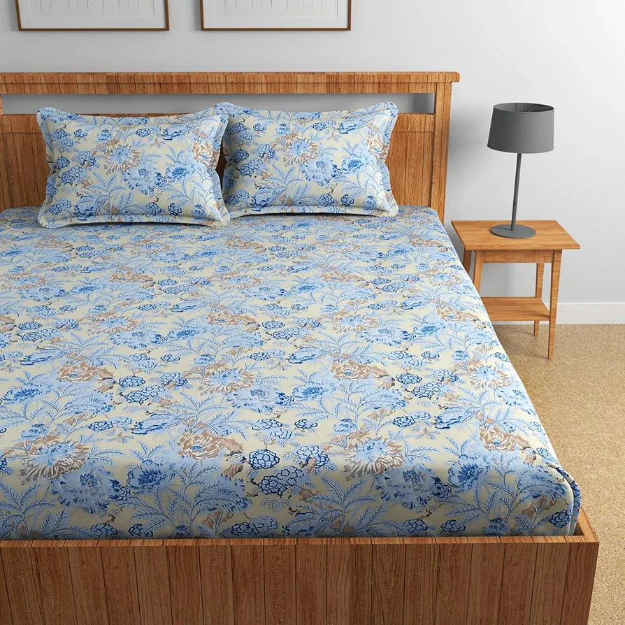 Homefab India 160 TC Glace Cotton Double BedSheet with 2 Pillow Covers Light Blue Floral