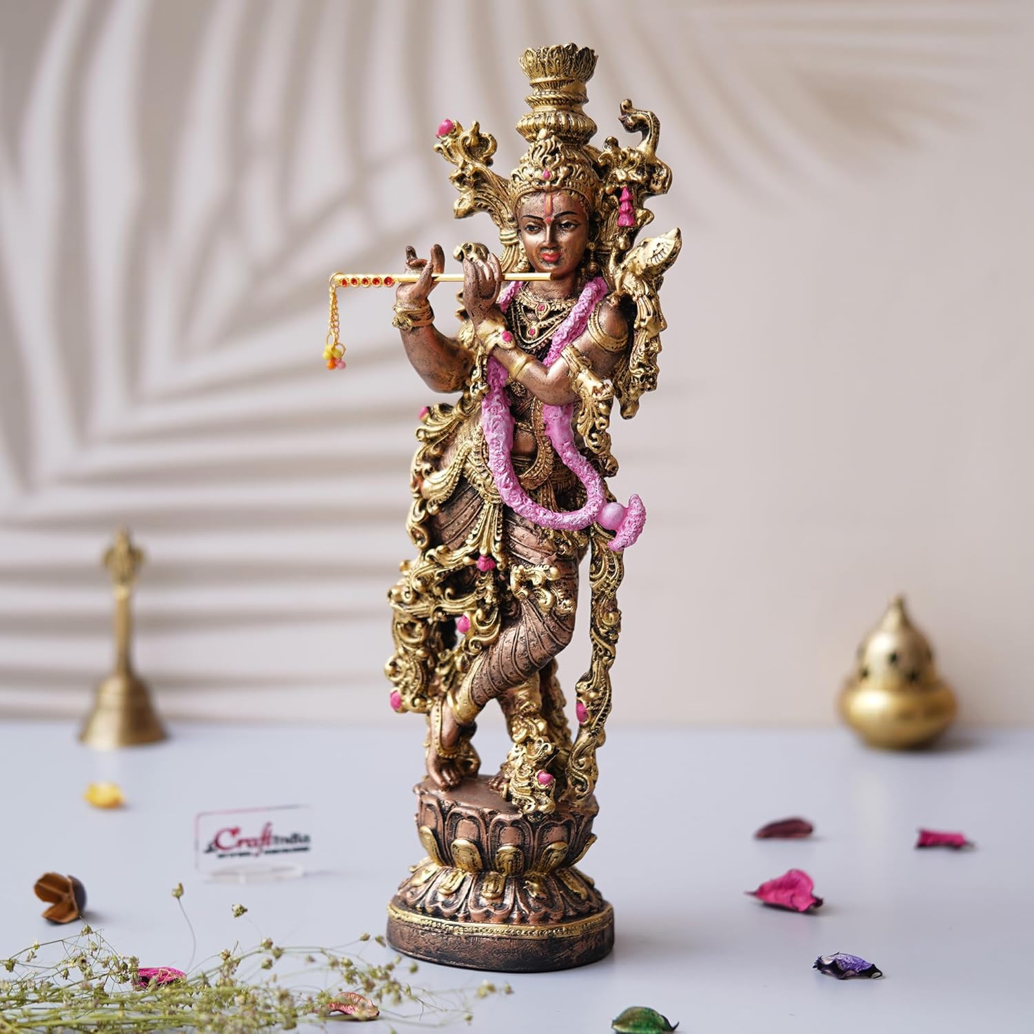 Ecraftindia Golden Standing Lord Krishna Idol Playing Flute Statue for Home